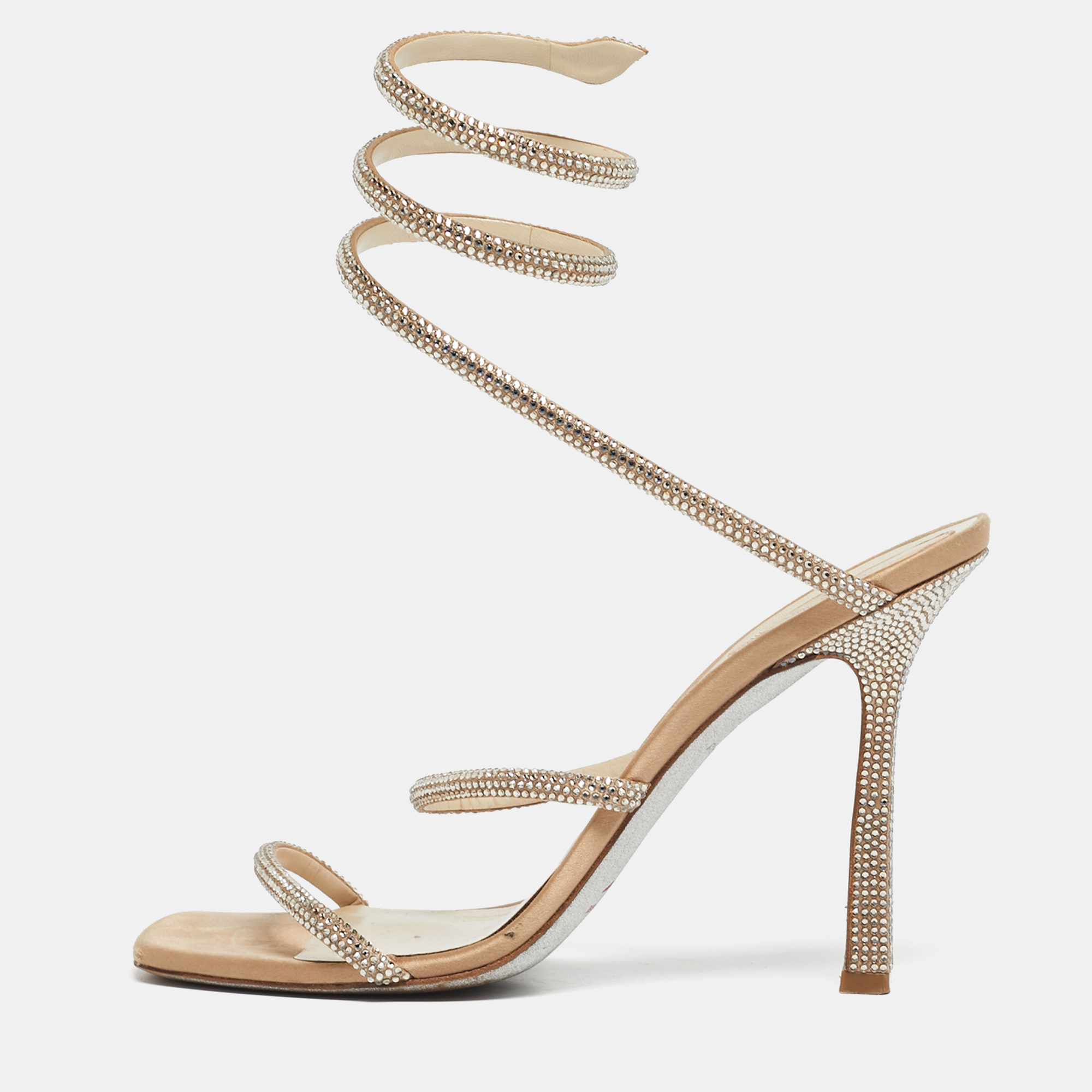 

René Caovilla Beige Satin Cleo Ankle Strap Sandals Size