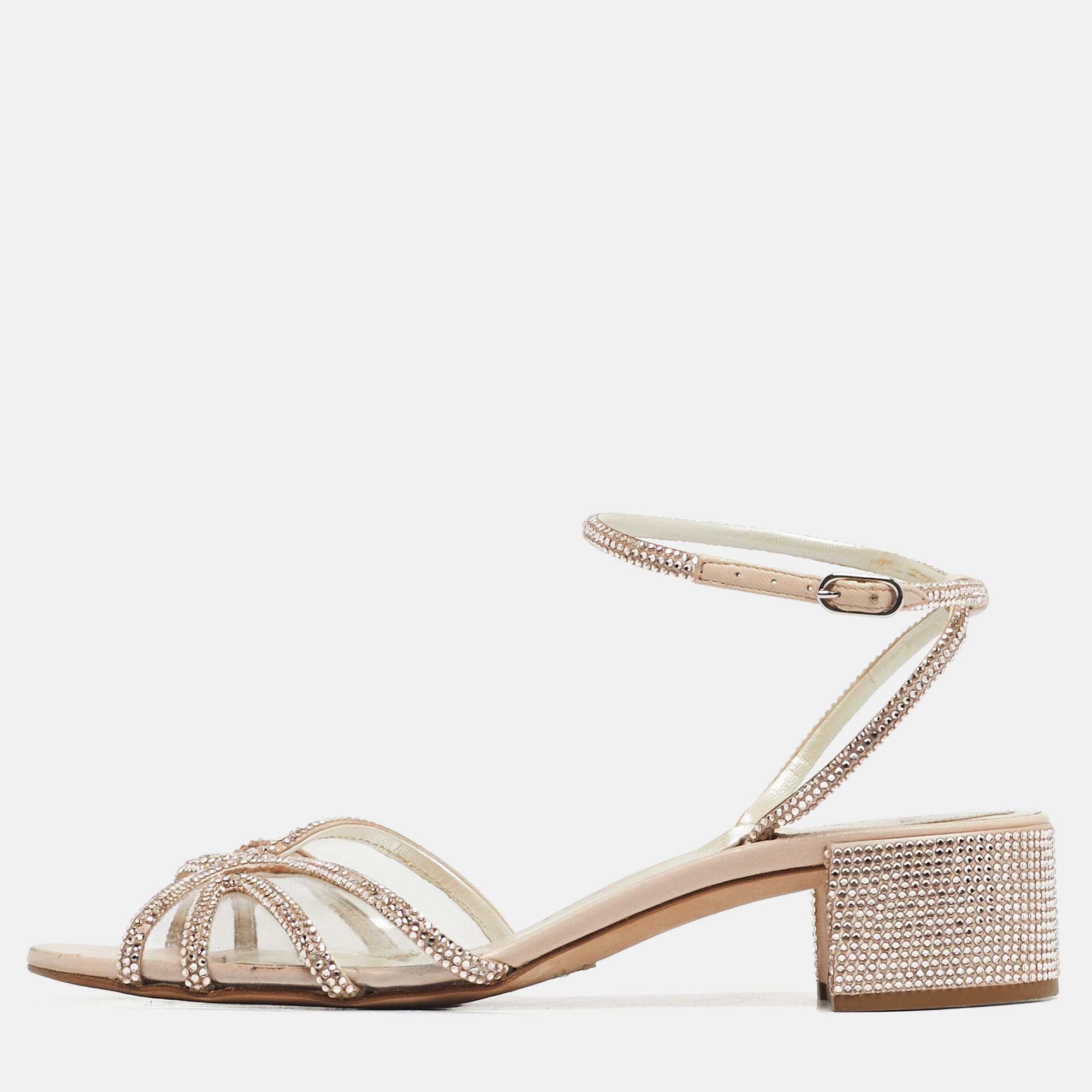 Ren&eacute; Caovilla Beige Satin Crystal Embellished  Cleo Ankle Strap Sandals Size 40