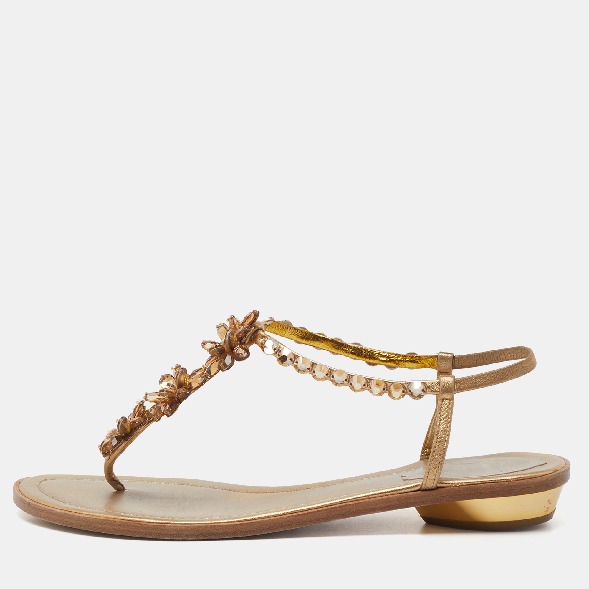 Ren&eacute; Caovilla Gold Leather Crystals Embellished Thong Flats Size 38