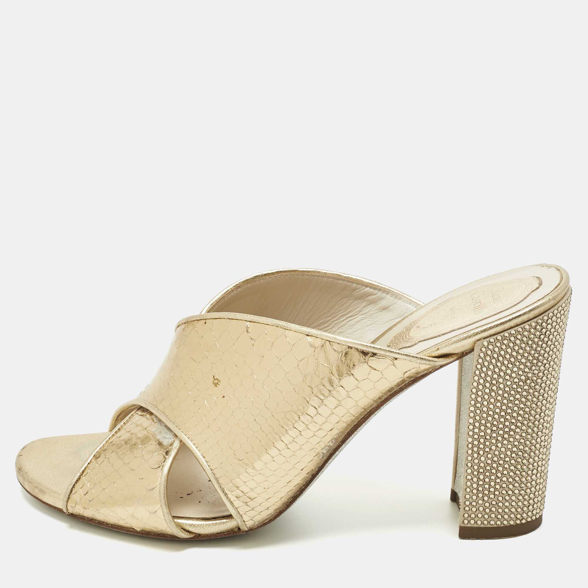 Ren&eacute; Caovilla Gold Leather Crisscross Slide Sandals Size 38.5