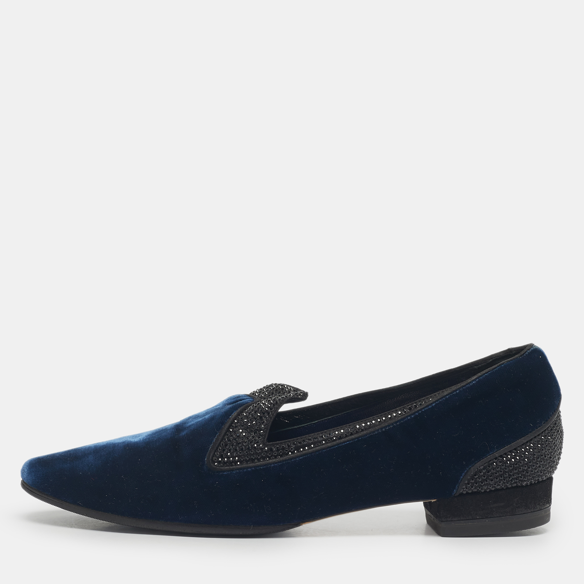 Ren&eacute; Caovilla Blue Velvet Crystal Embellished Smoking Slippers Size 35
