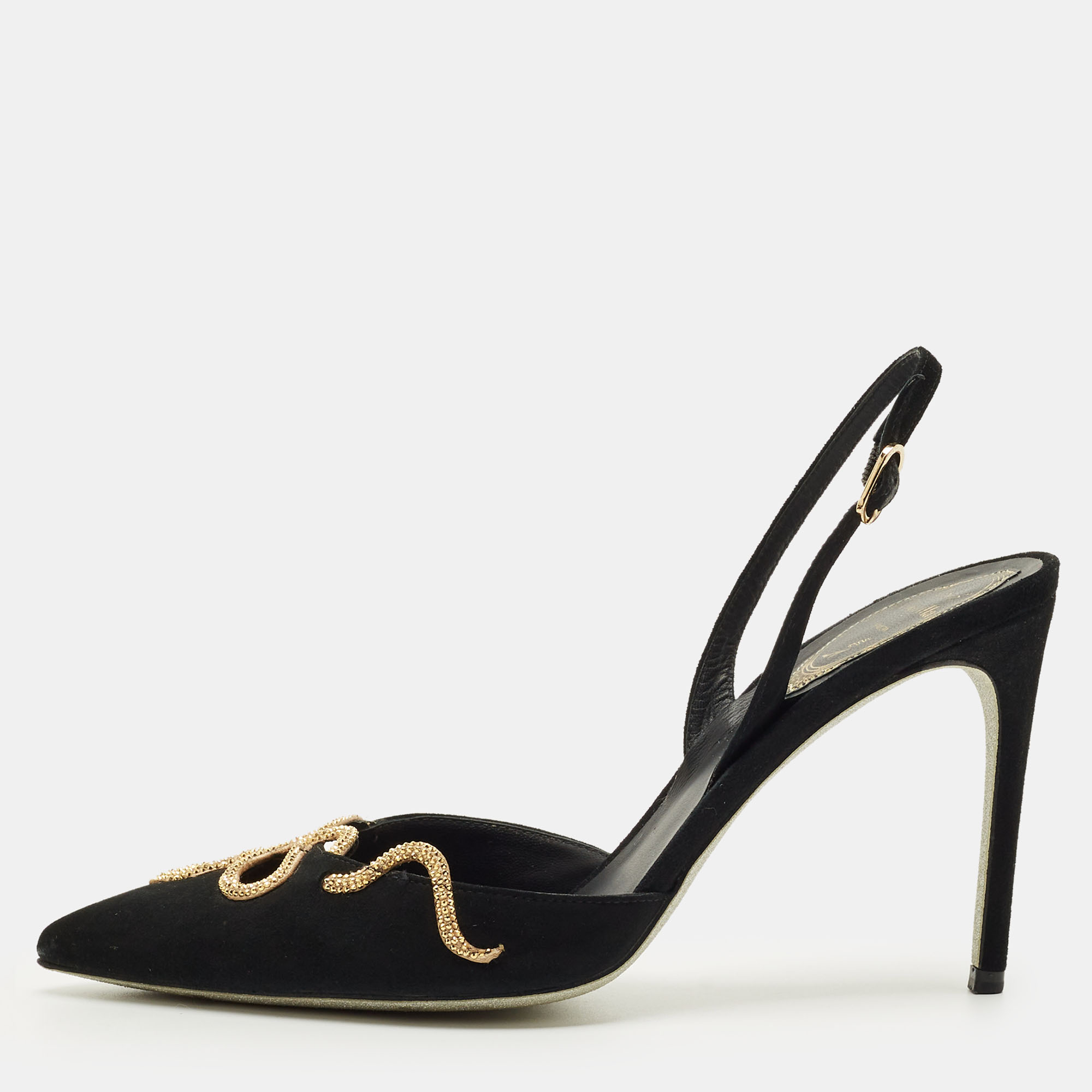 Pre-owned René Caovilla Black Suede Snake Crystal Embellish Slingback Pumps Size 37.5