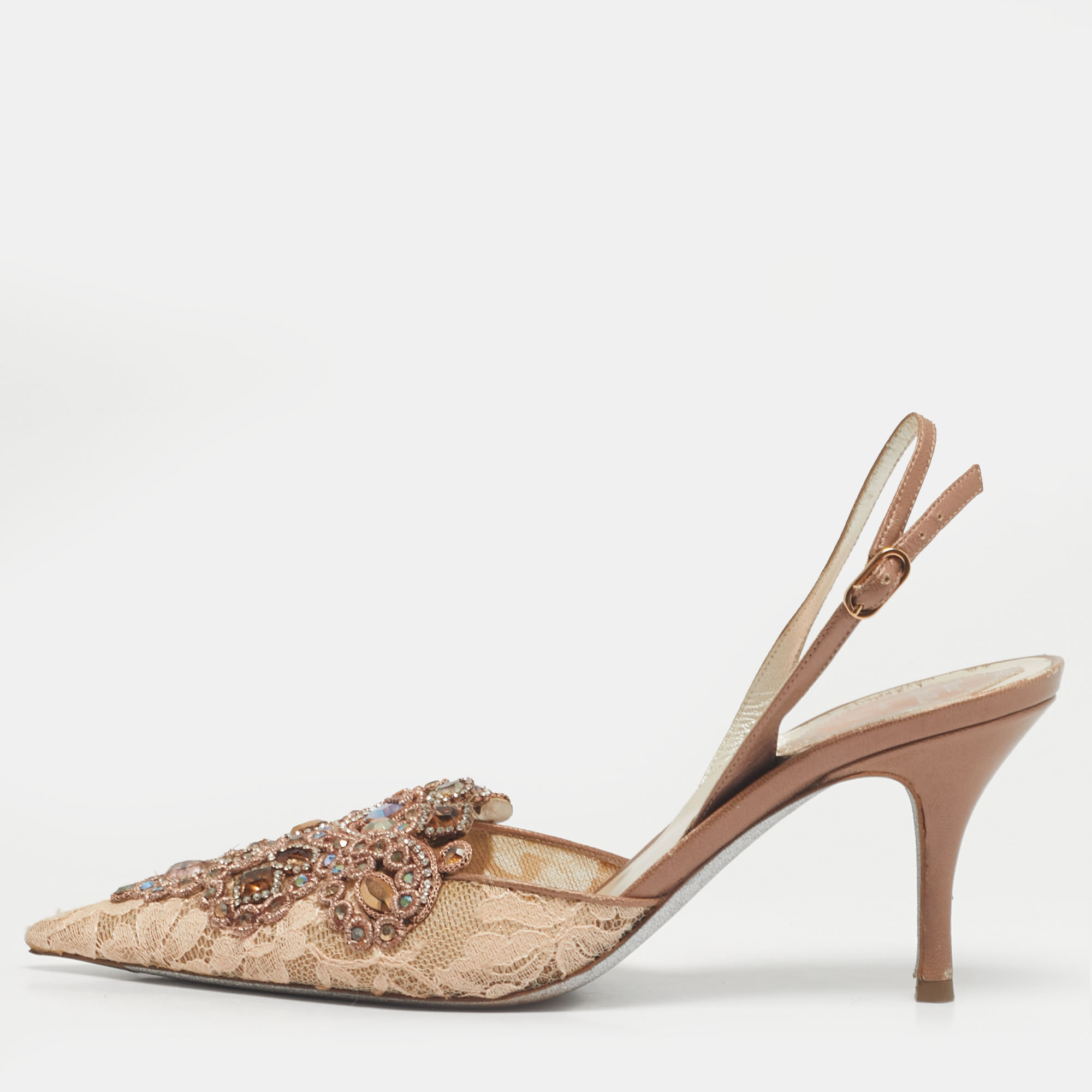 

René Caovilla Golden Lace And Leather Crystals Embellished Veneziana Slingback Pumps Size, Gold