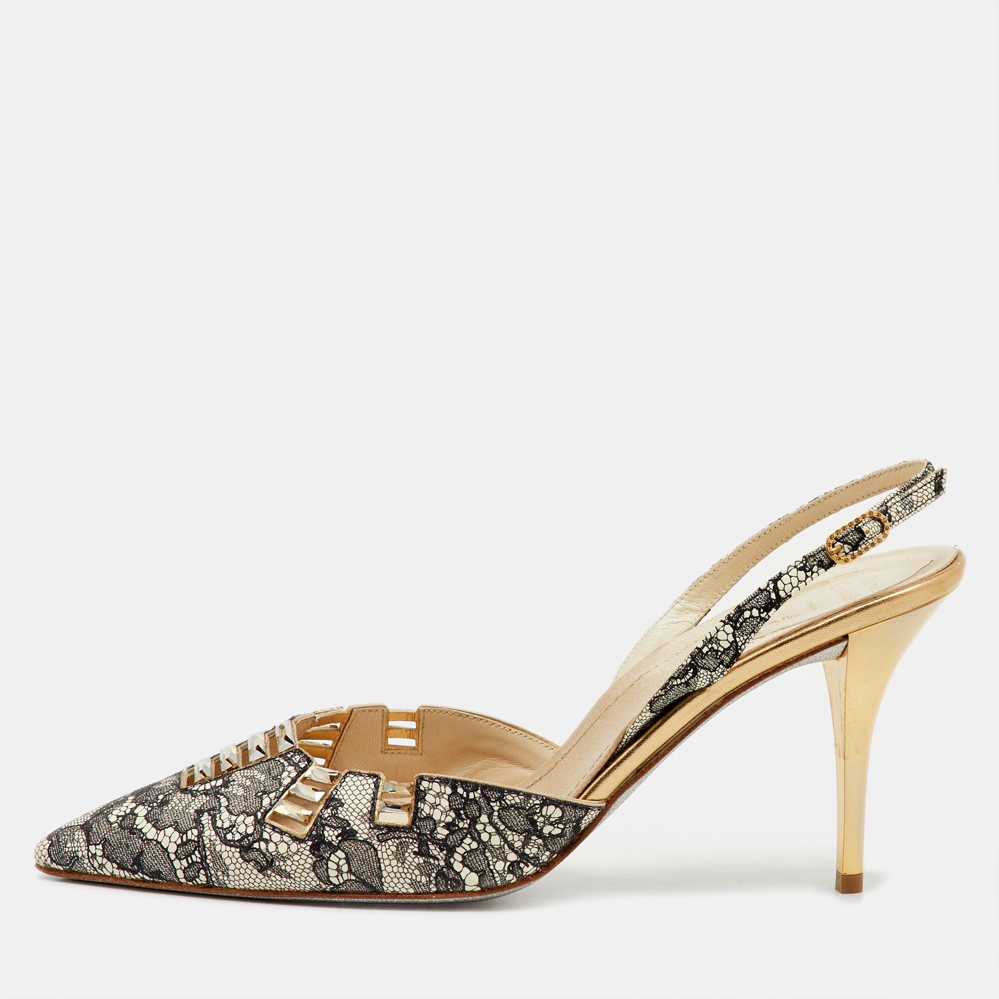 Pre-owned René Caovilla Rene Caovilla Black/white Leather And Lace Crystal Embellished Slingback Pumps Size 40