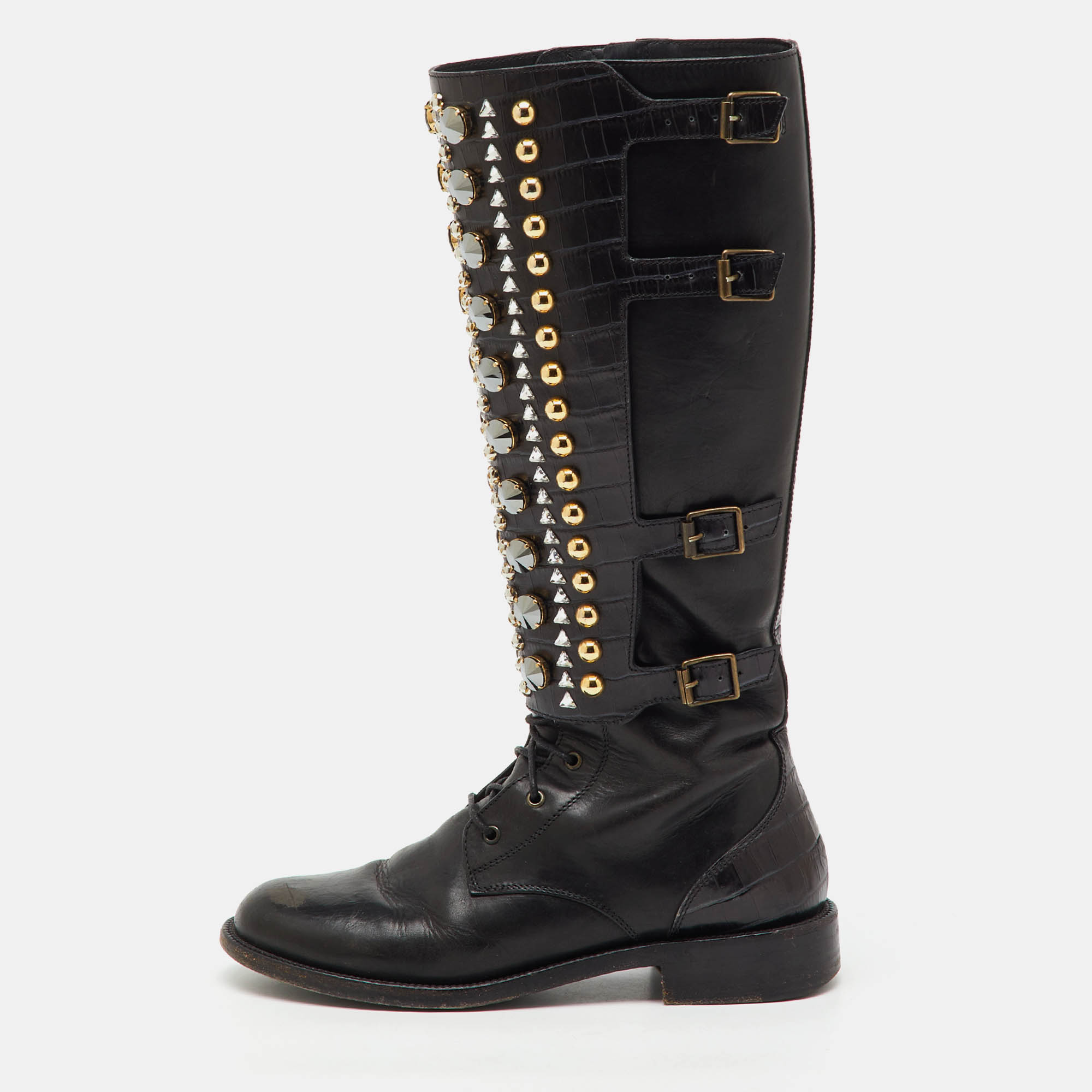 Pre-owned René Caovilla Black Croc Embossed And Leather Crystal Studded Knee Boots Size 36.5