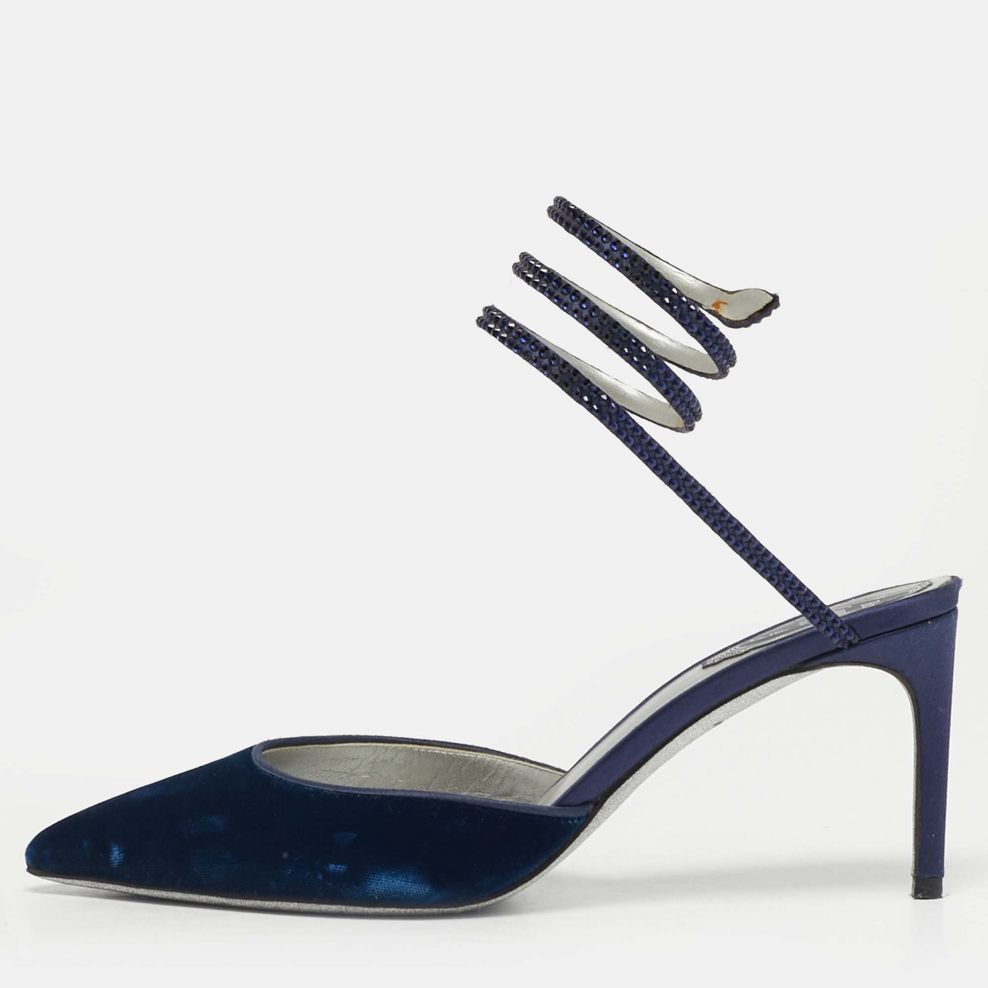 Pre-owned René Caovilla Rene Caovilla Navy Blue Velvet Cleo Crystal Embellished Ankle Wrap Pumps Size 38