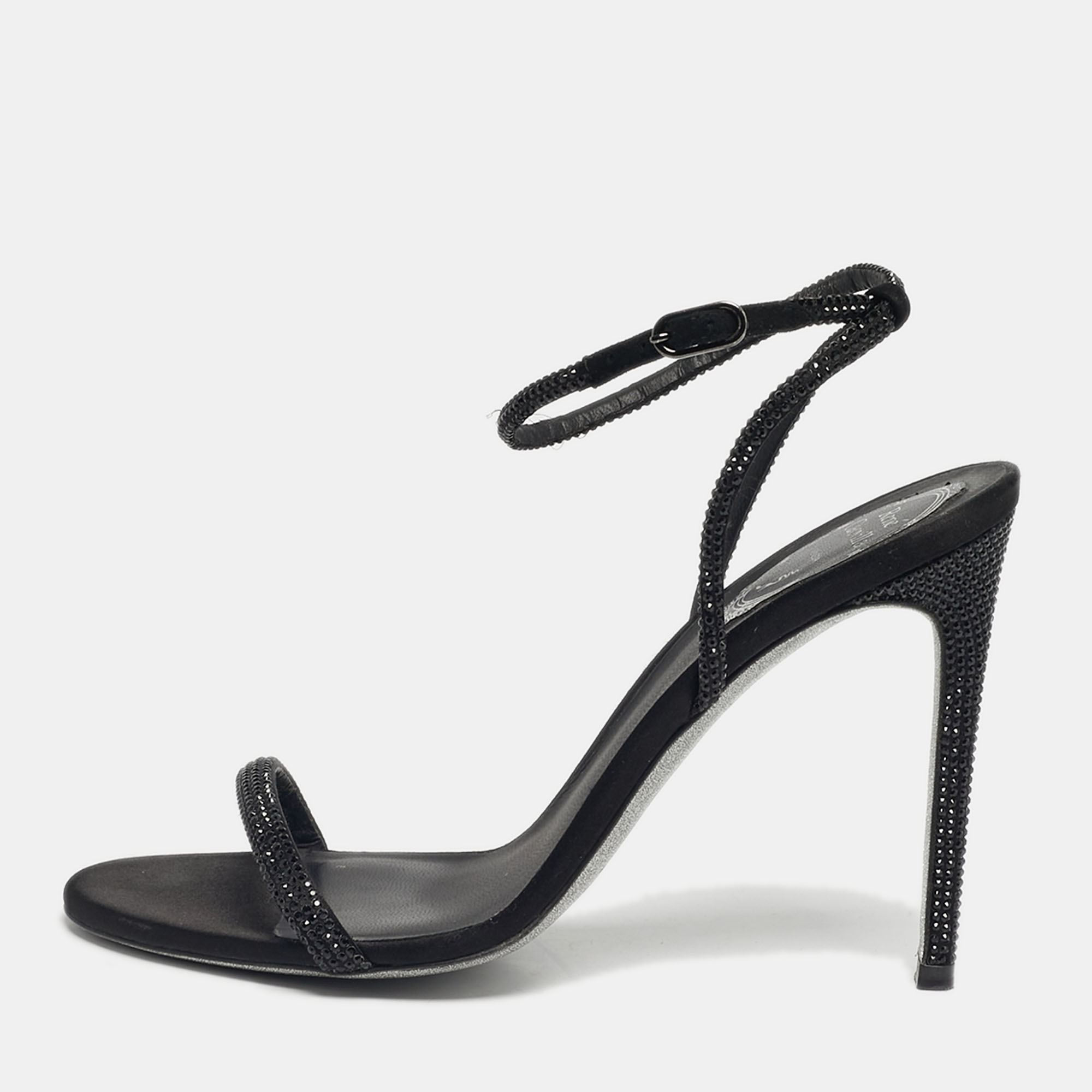 Pre-owned René Caovilla Black Satin Crystal Embellished Ankle Wrap Sandals Size 38