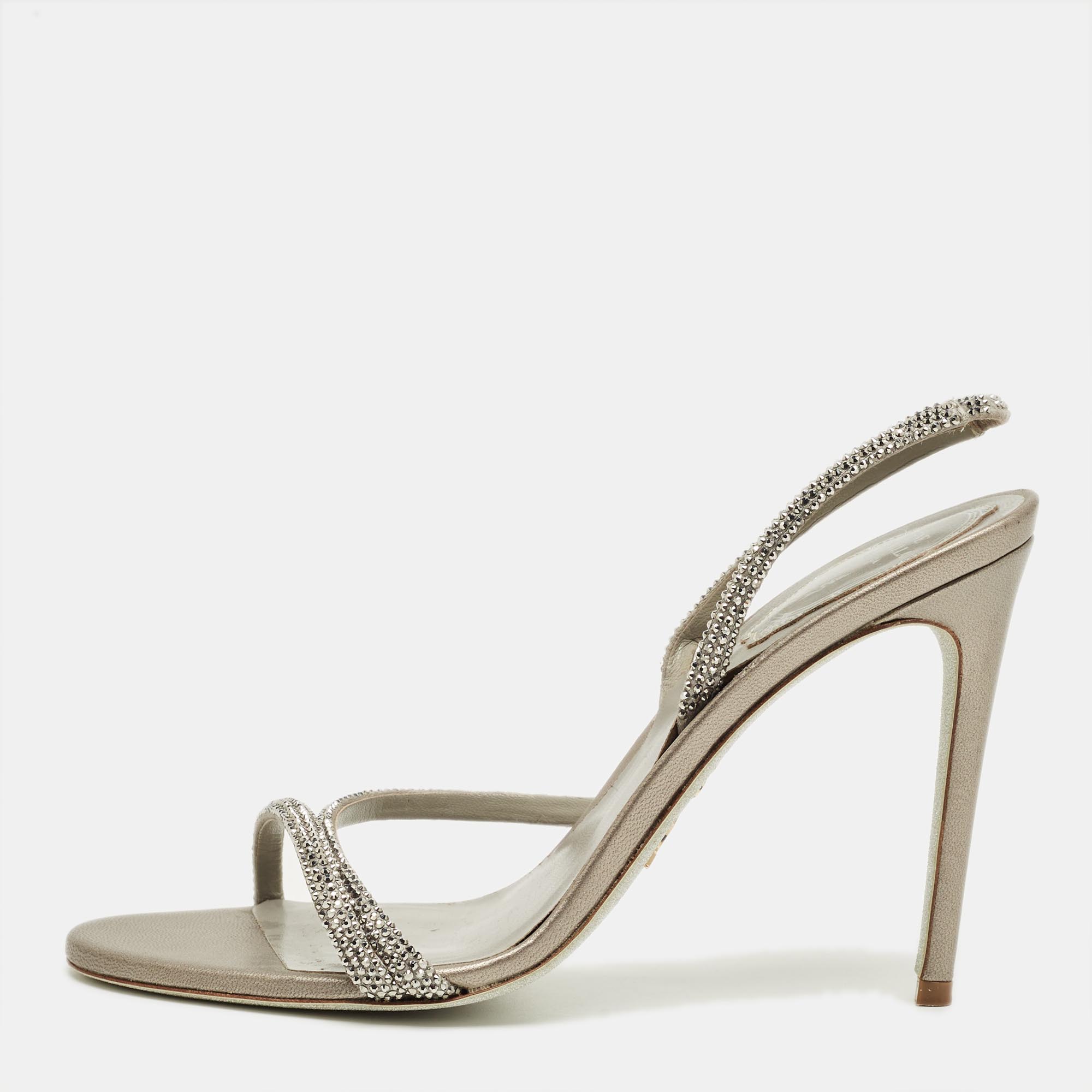 

René Caovilla Grey Satin Crystal Embellish Slingback Sandals Size