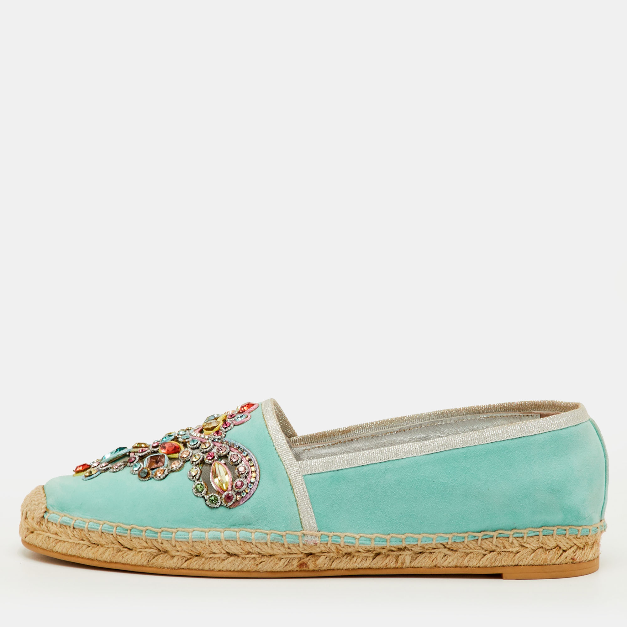 

René Caovilla Size  Light Blue Suede Crystal Embellished Espadrille Flats