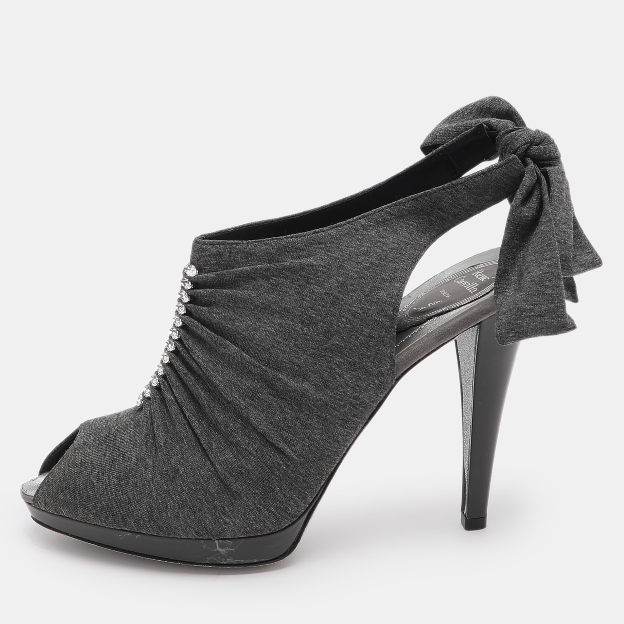 Pre-owned René Caovilla Crystal Embellished Size 41 Grey Knit Fabric Booties In Gray