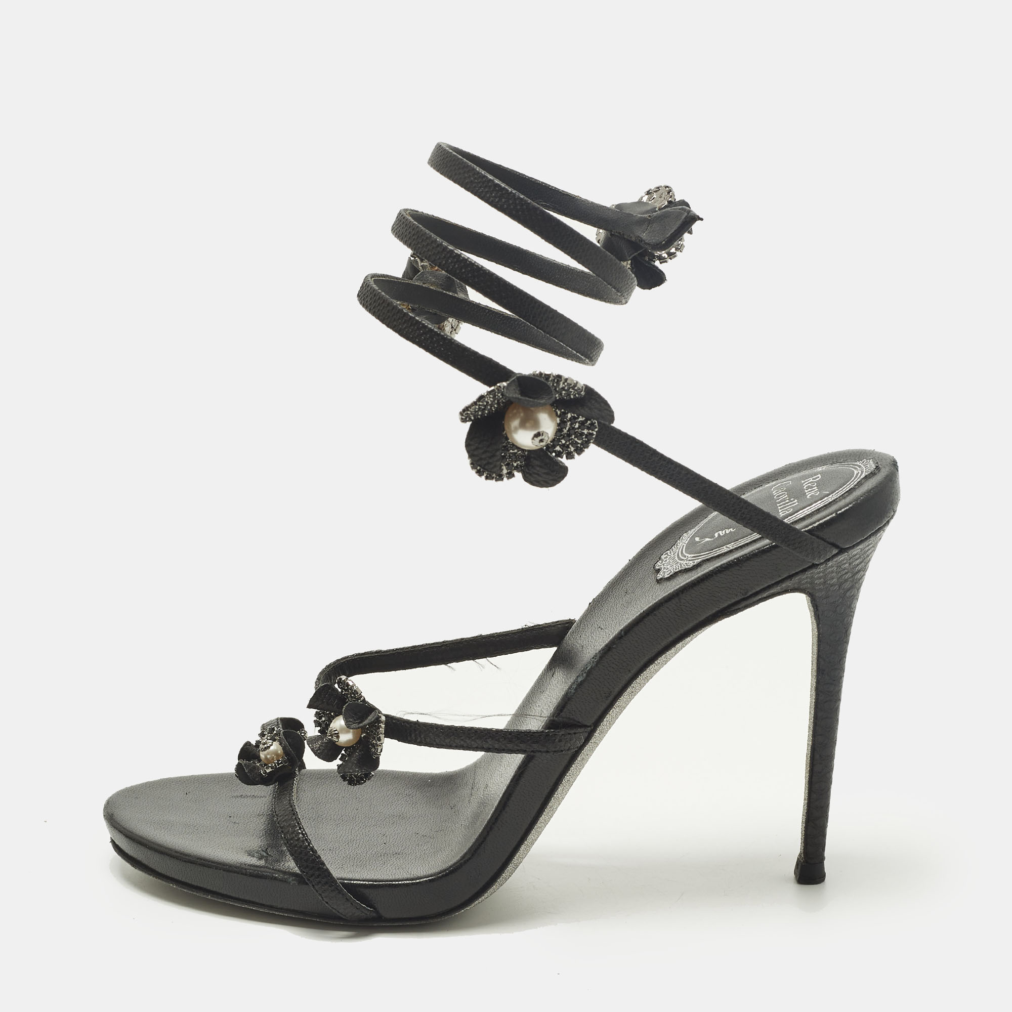 Pre-owned René Caovilla Cleo Size 38 Black Leather And Snakeskin Embossed Leather Ankle Strap Sandals