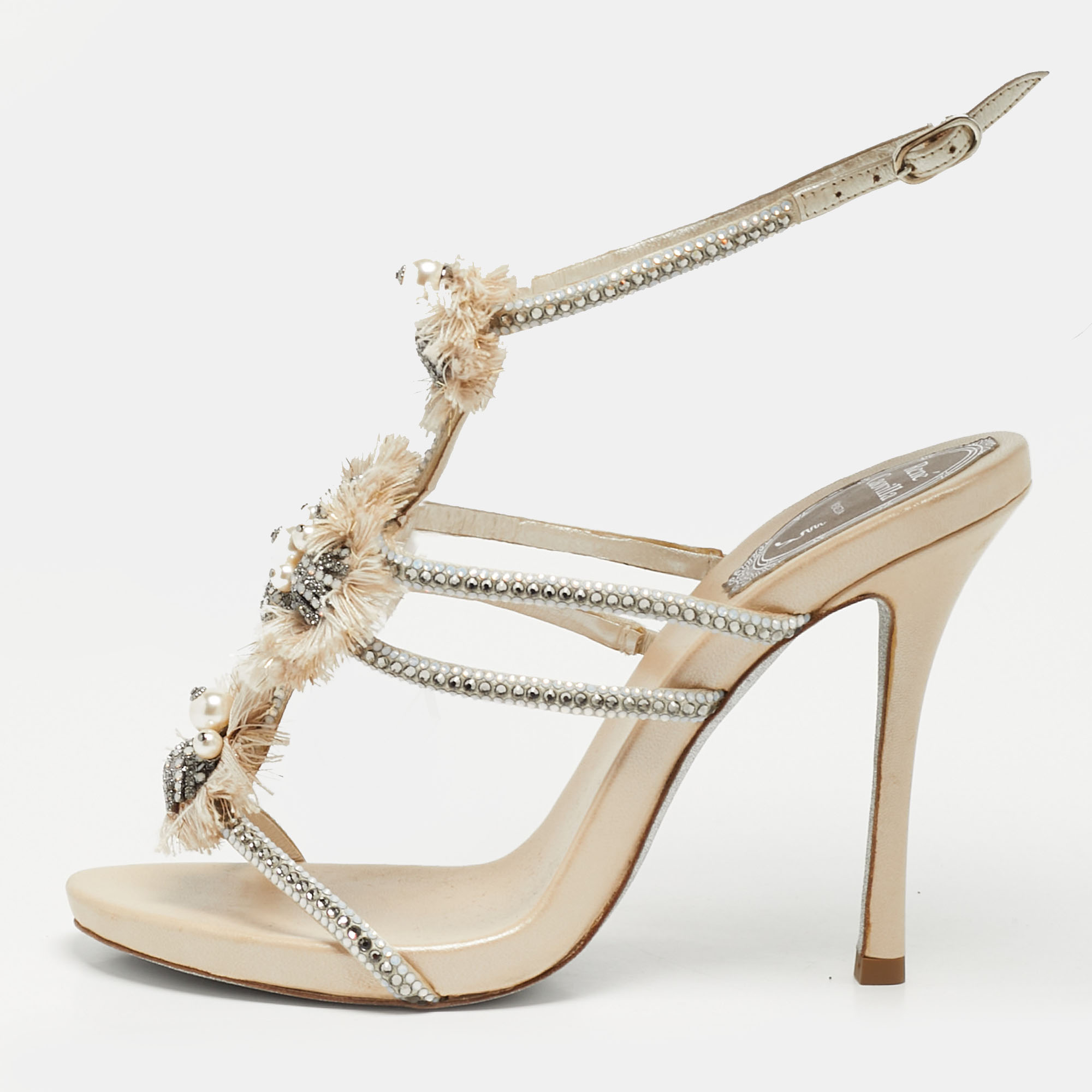 Pre-owned René Caovilla Size 37 Beige Leather Crystals Embellished T Strap Slide Sandals