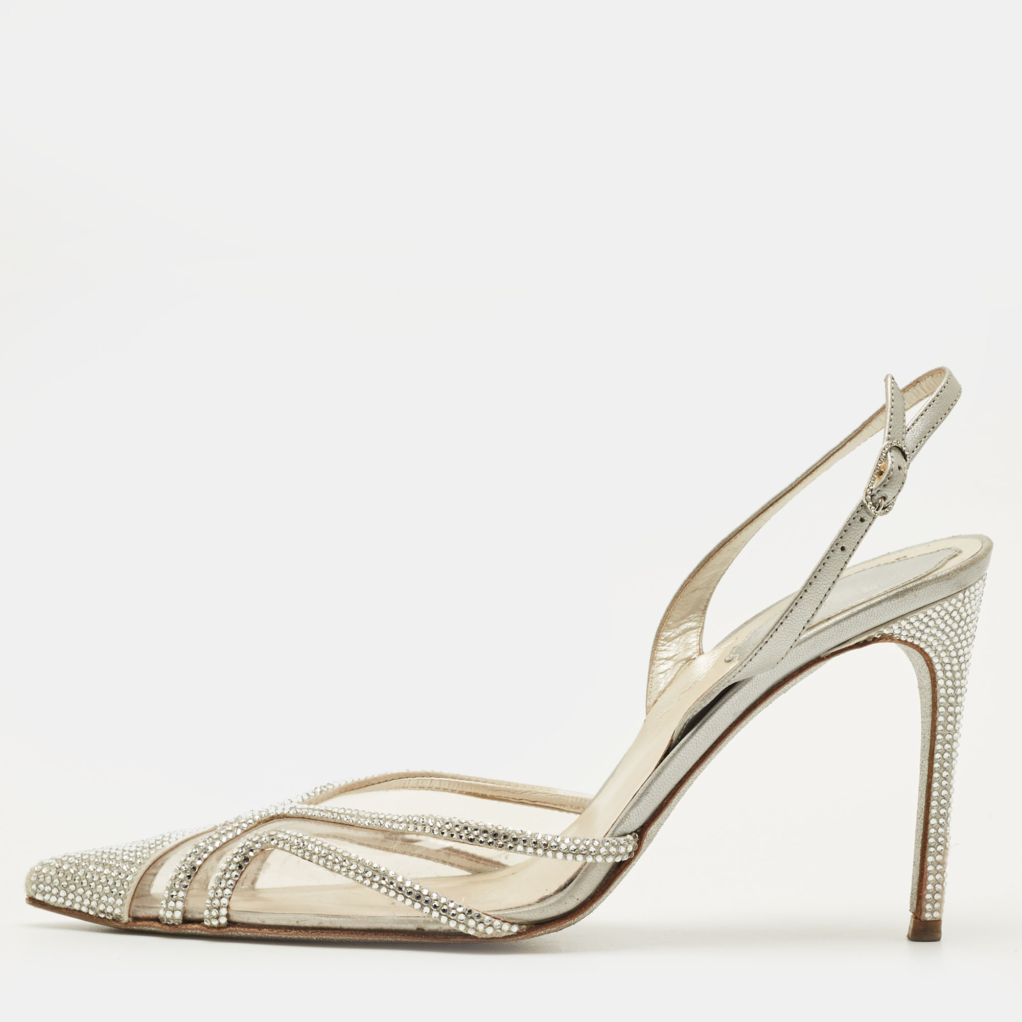 

René Caovilla Size  Transparent/Silver Leather and PVC Crystal Embellished Slingback Pumps