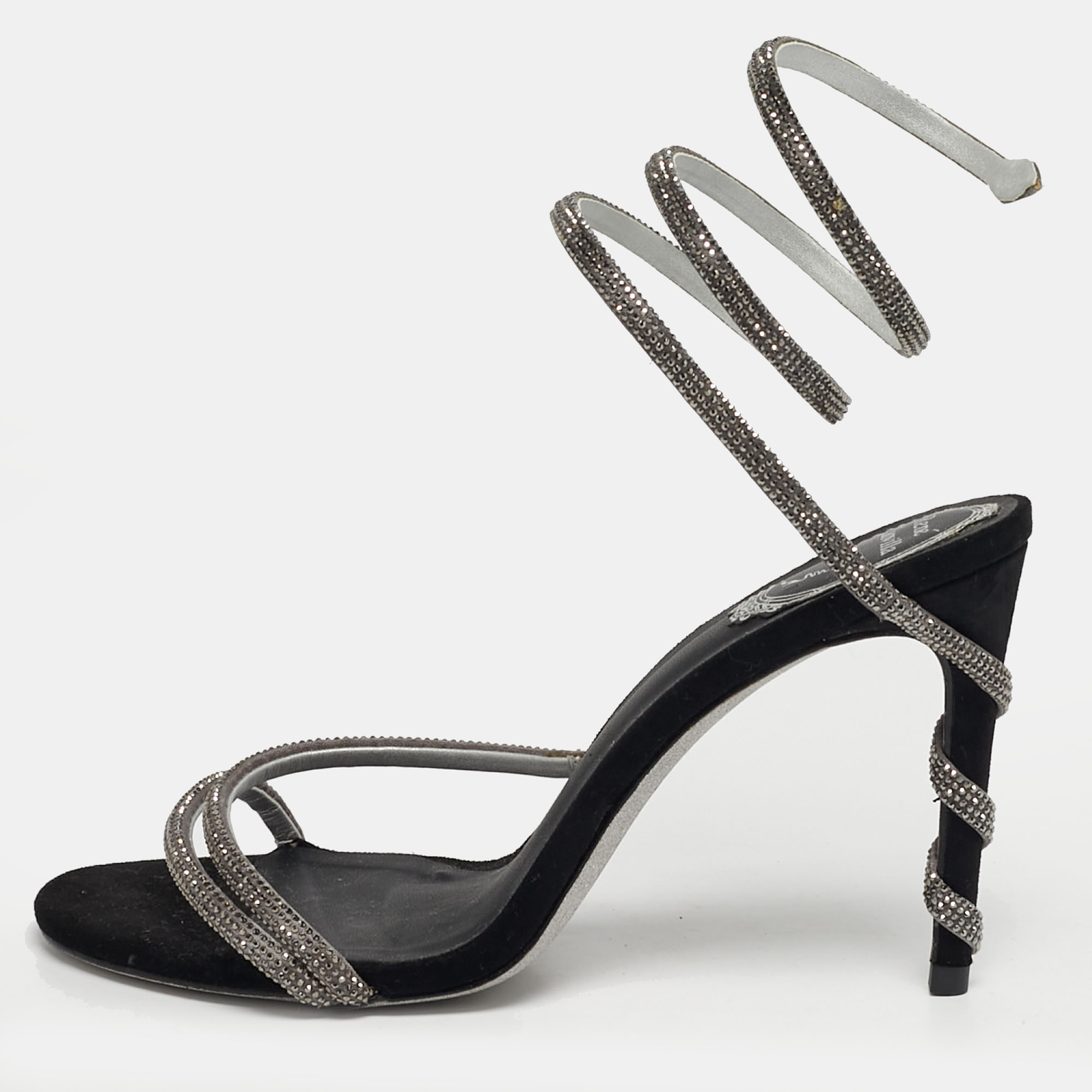 

René Caovilla Cleo Size  Black Satin and Suede Crystal Embellished Ankle Strap Sandals