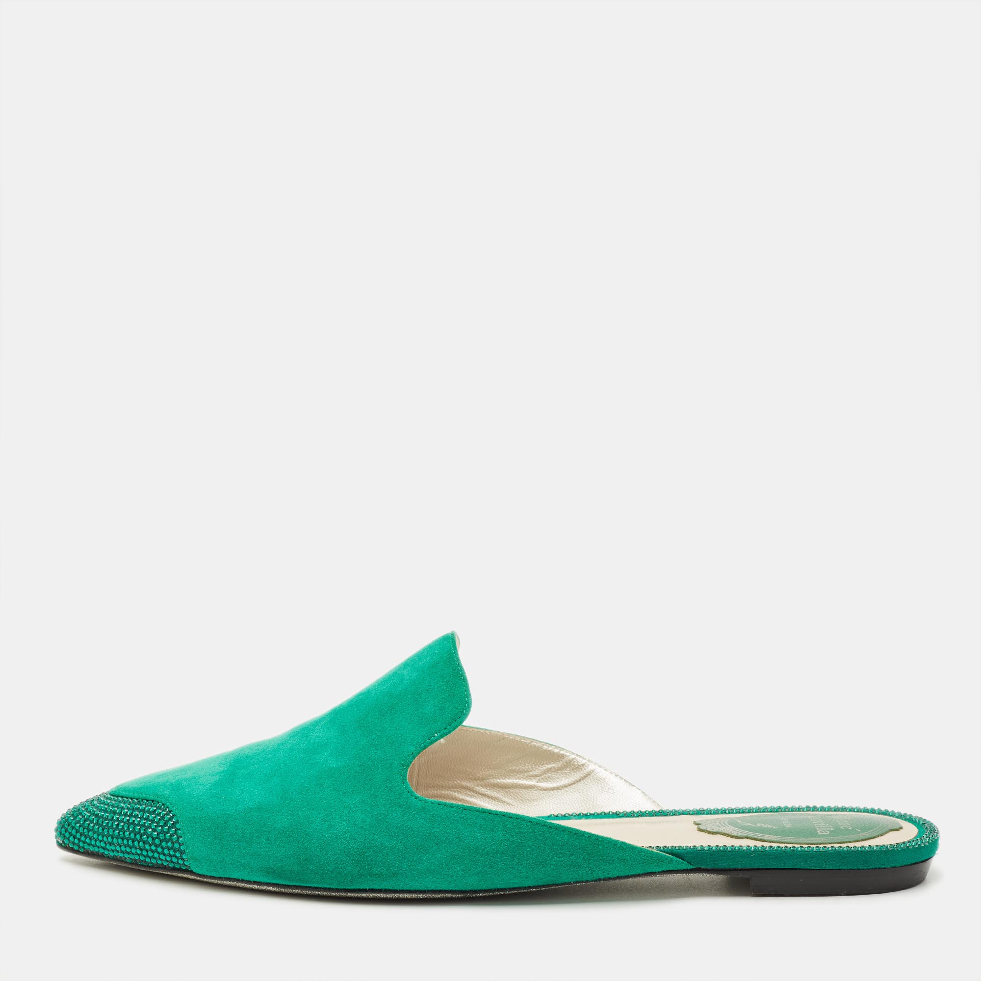 

René Caovilla Size  Green Suede Crystal Embellished Flat Mules