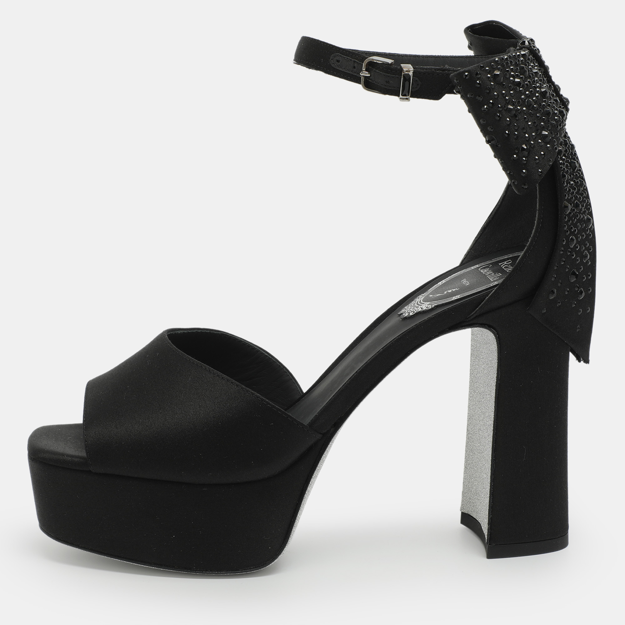 

René Caovilla Size 37 Black Satin Ankle Strap Platform Sandals