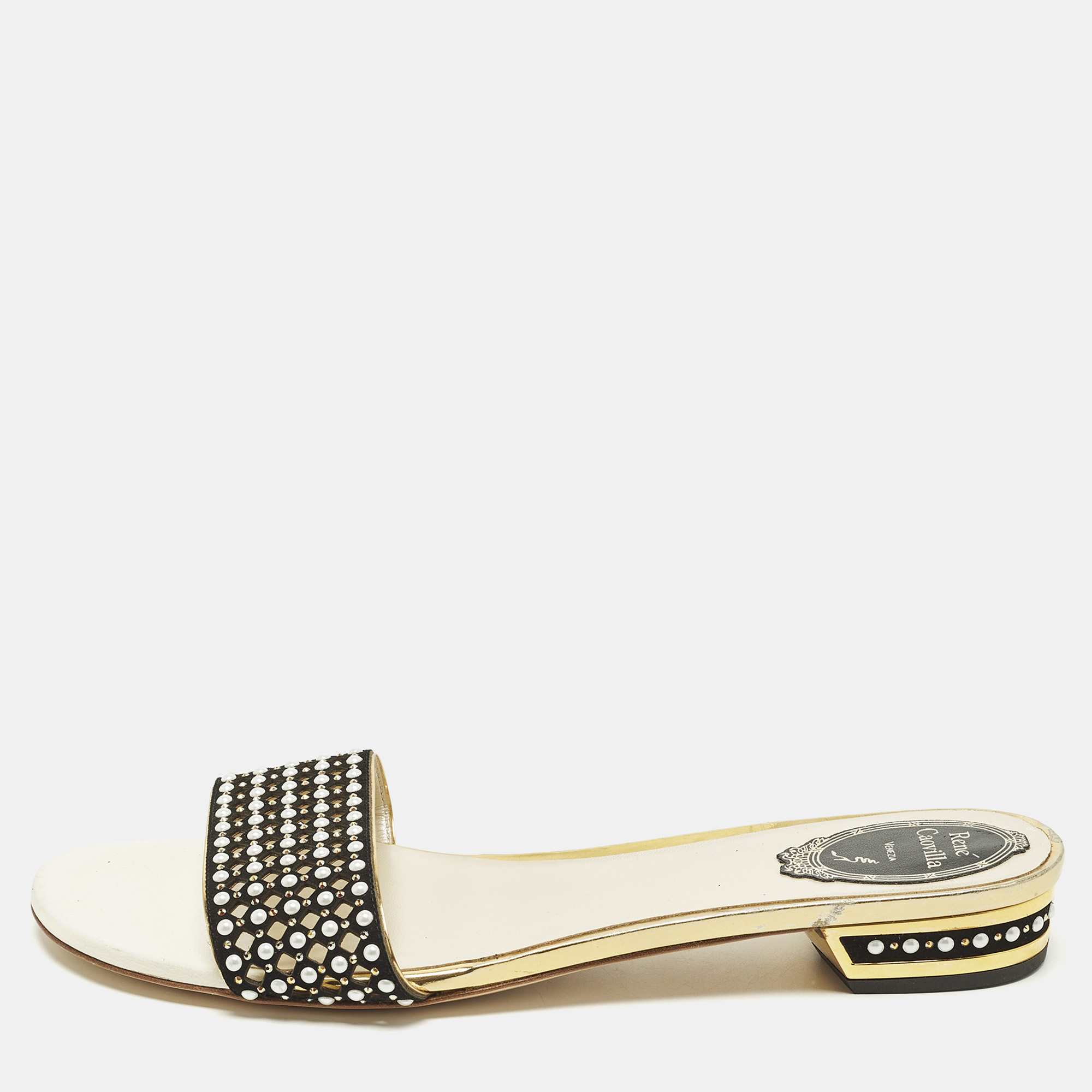 

René Caovilla Size  Black/Gold Leather and Suede Crystal Embellished Flat Slides