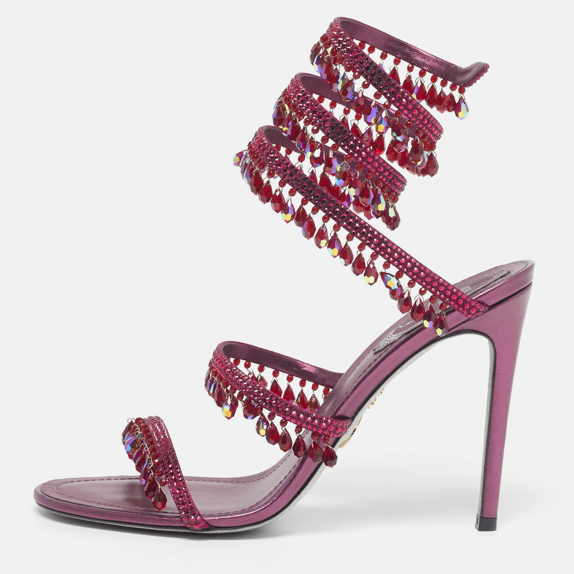 

René Caovilla Cleo Size  Purple Leather and Satin Ankle Strap Sandals