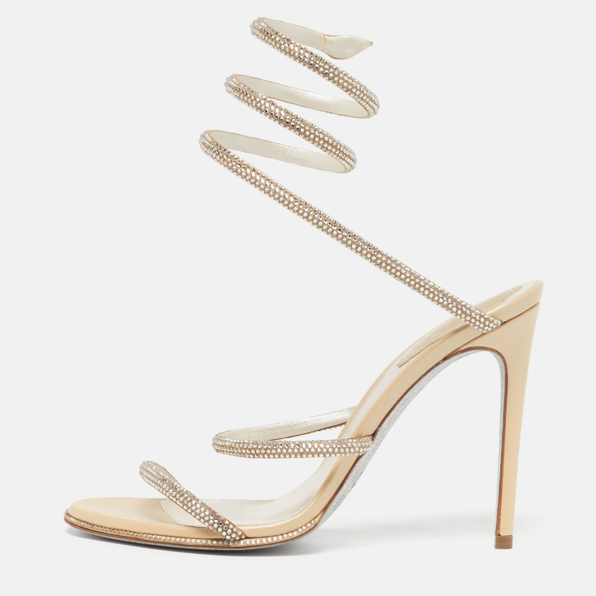 

René Caovilla Cleo Size  Beige Satin Crystal Embellished Ankle Wrap Sandals