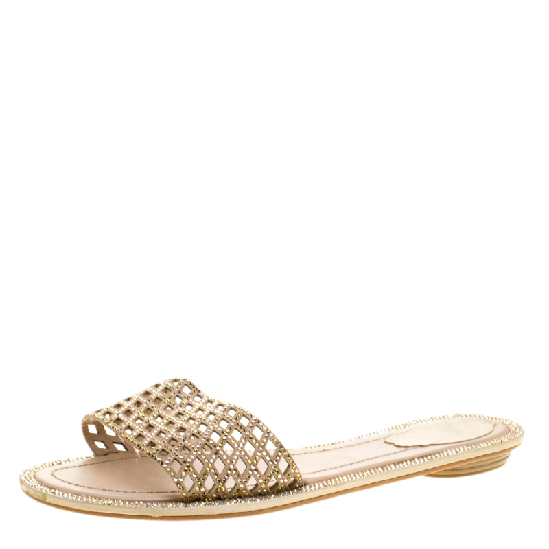 René Caovilla Beige Laser Cut Suede Crystal Embellished Flat Slides Size 38