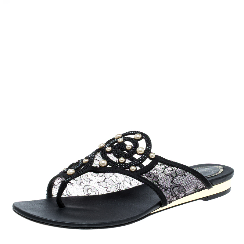 René Caovilla Black Embellished Lace and Satin Flat Sandals Size 38