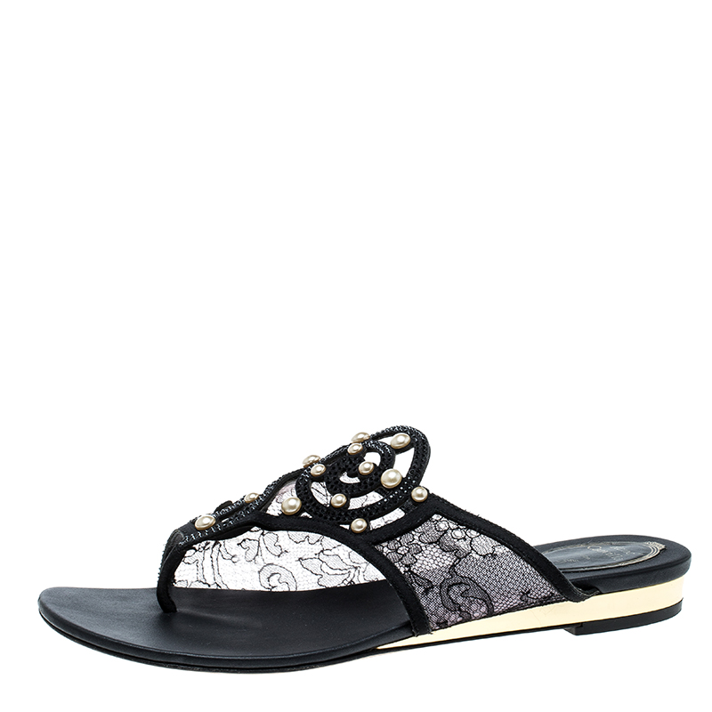 

René Caovilla Black Embellished Lace and Satin Flat Sandals Size