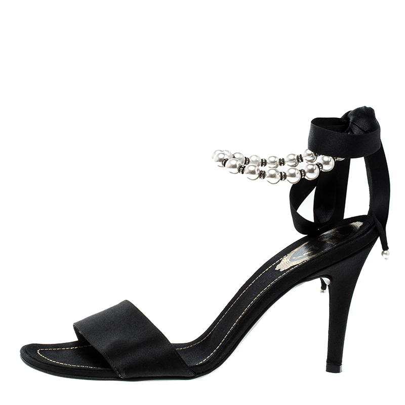 

Renè Caovilla Black Satin Faux Pearl Ankle Wrap Open Toe Sandals Size