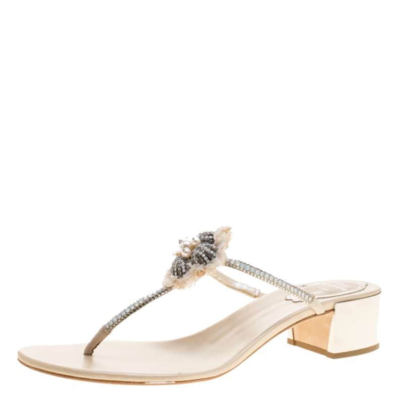 René Caovilla Cream Leather Crystal Embellished Thong Sandals Size 38.5
