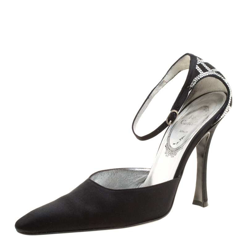 René Caovilla Black Satin Crystal Embellished Pointed Toe Ankle Strap Sandals Size 38