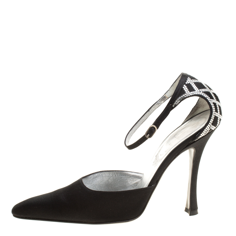 

René Caovilla Black Satin Crystal Embellished Pointed Toe Ankle Strap Sandals Size