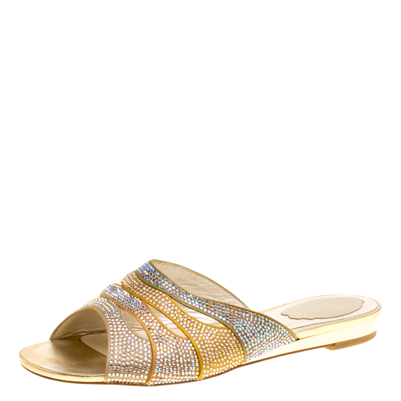 René Caovilla Multicolor Crystal Embellished Satin Slides Size 37.5