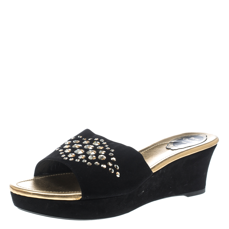 René Caovilla Black Suede Crystal Embellished Wedge Slides Size 42