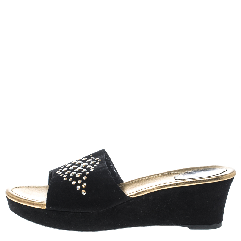 

René Caovilla Black Suede Crystal Embellished Wedge Slides Size