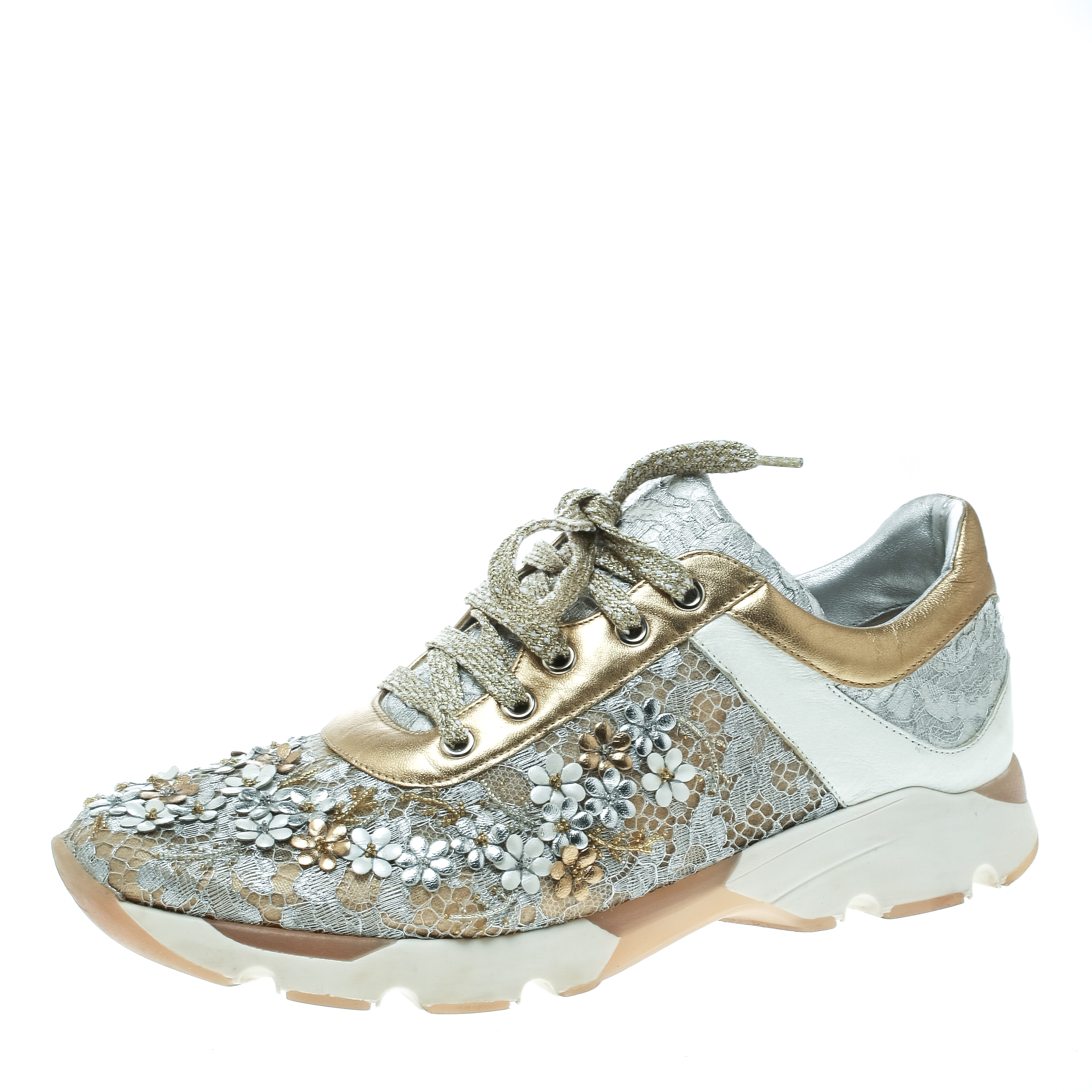 Rene Caovilla Beige/White Lace Flower Embellished Lace Up Sneakers Size ...
