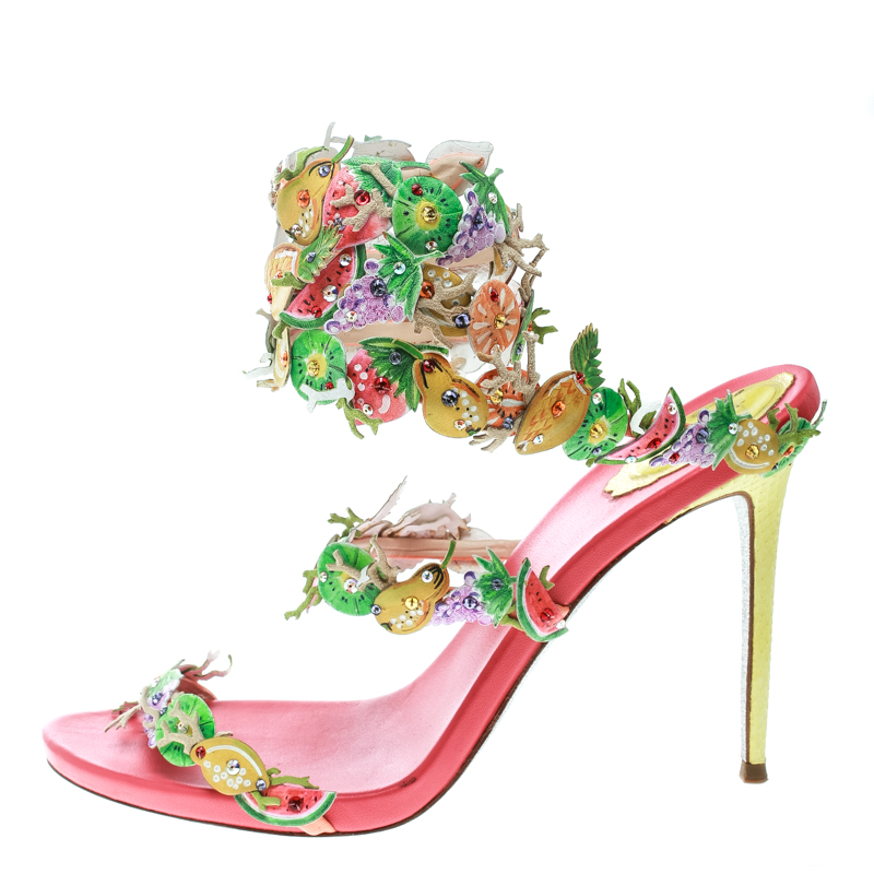 

René Caovilla Multicolor Leather Fruit Applique Ankle Wrap Sandals Size