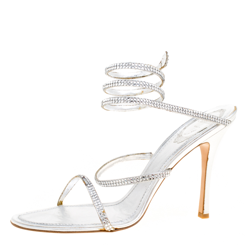 

René Caovilla Metallic Silver Crystal Embellished Ankle Wrap Sandals Size