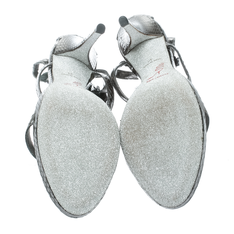 Pre-owned René Caovilla Grey Python Crystal Embellished Strappy Sandals Size 38