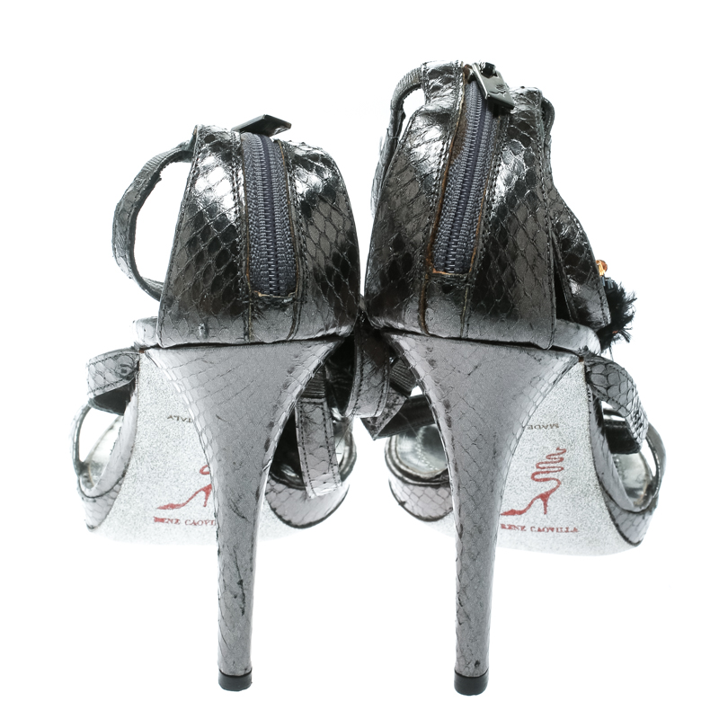 Pre-owned René Caovilla Grey Python Crystal Embellished Strappy Sandals Size 38