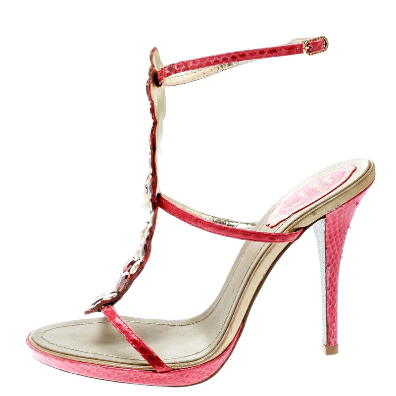 

René Caovilla Red Embossed Python Leather Crystal Embellished Ankle Strap Sandals Size