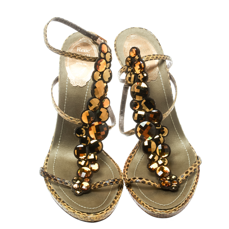 Pre-owned René Caovilla Yellow Python Crystal Embellished Strappy Sandals Size 37.5