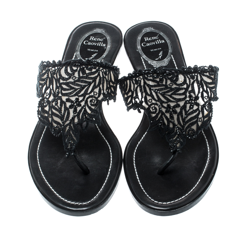 Pre-owned René Caovilla Rene Caovilla Black Crystal Embellished Lace And Leather Flat Thong Sandals Size 39