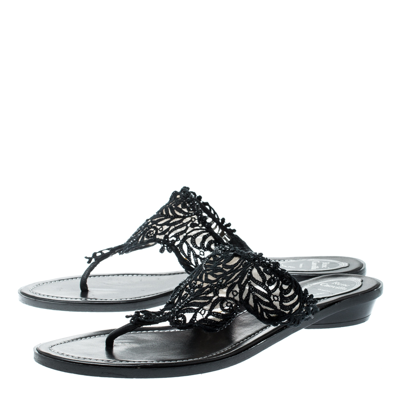 Pre-owned René Caovilla Rene Caovilla Black Crystal Embellished Lace And Leather Flat Thong Sandals Size 39