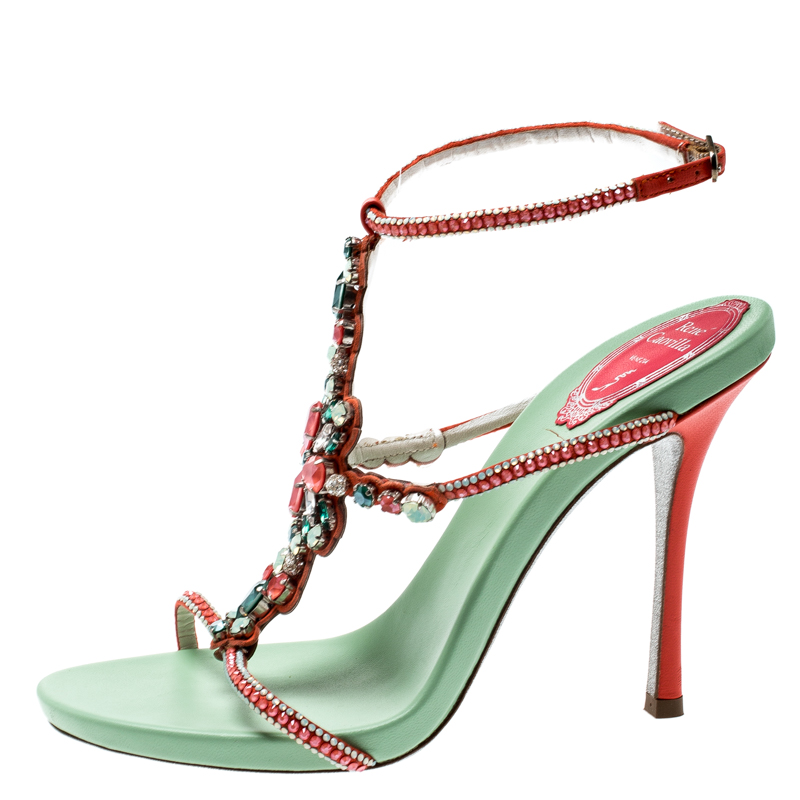 

René Caovilla Orange Satin And Suede Crystal Embellished Ankle Strap Sandals Size