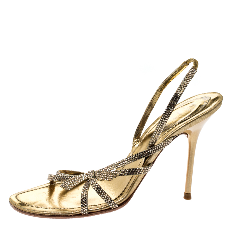 

Rene Caovilla Metallic Gold Crystal Embellished Leather Open Toe Slingback Sandals Size