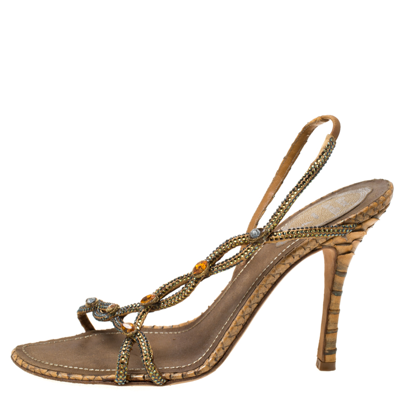Pre-owned René Caovilla Rene Caovilla Yellow Satin Crystal Embellished Slingback Sandals Size 37.5