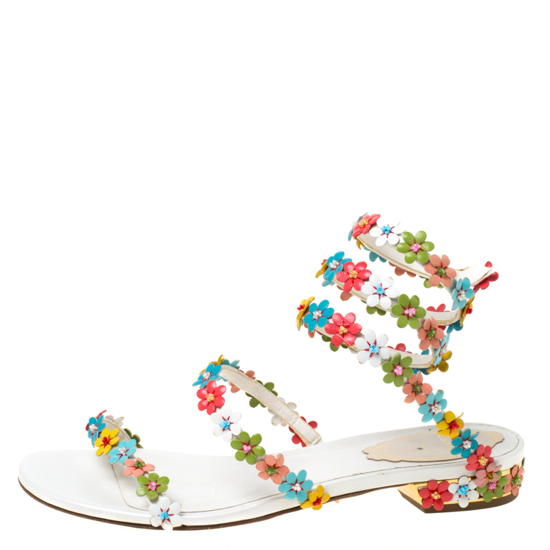 

Rene Caovilla Multicolor Floral Embellished Leather Coil Ankle Wrap Flat Sandals Size