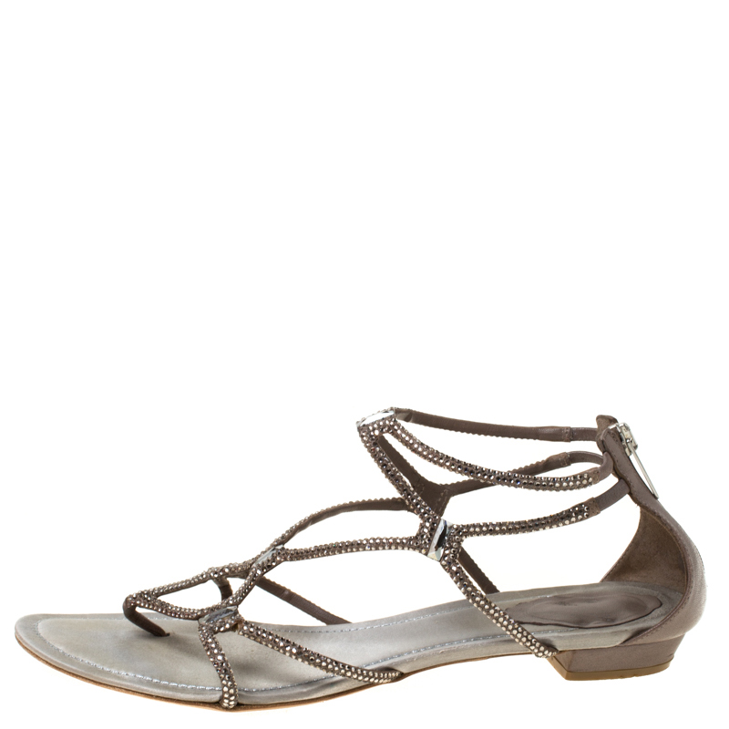 

René Caovilla Dark Beige Crystal Embellished Leather Gladiator Flat Sandals Size