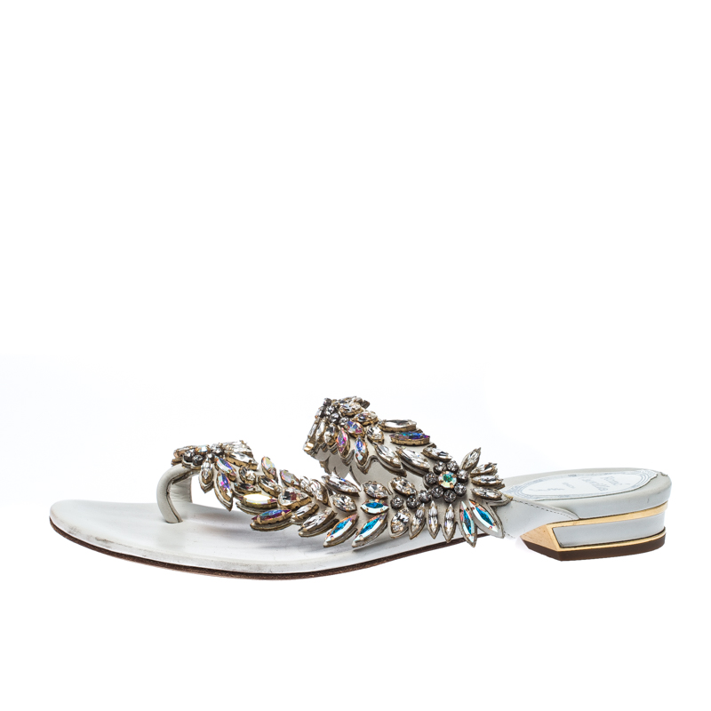 

Rene Caovilla White Leather Crystal Embellished Slides Sandals Size