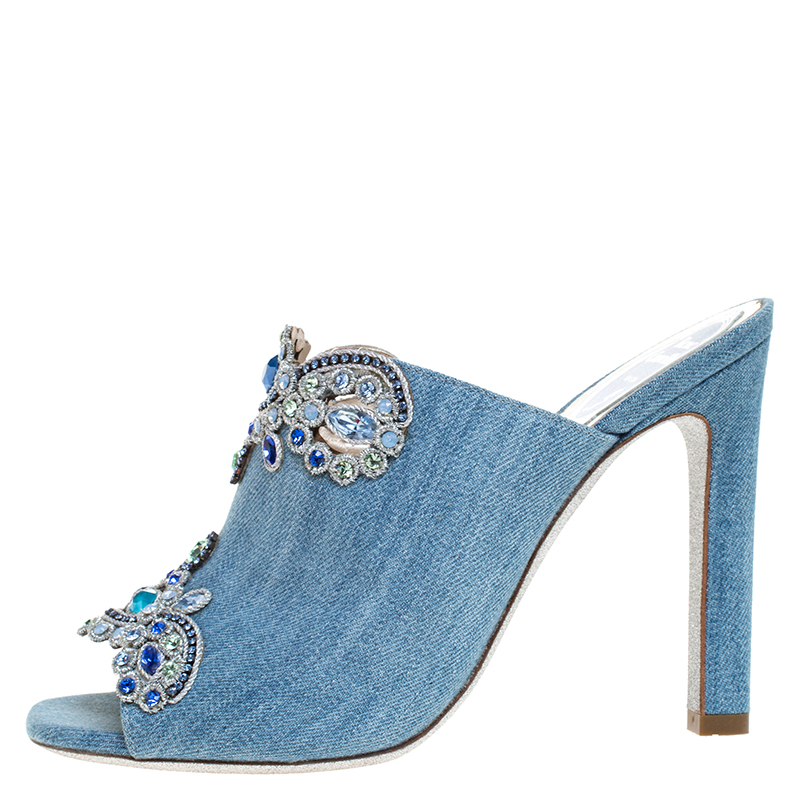 

René Caovilla Blue Denim Crystal Embellished Slides Size