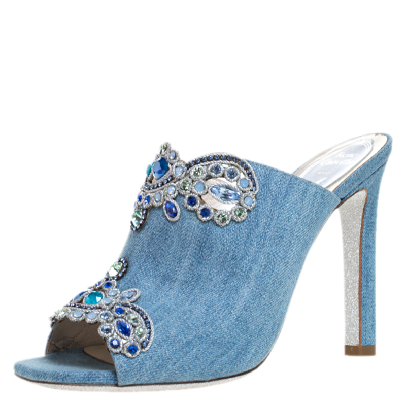 Pre Owned René Caovilla Blue Denim Crystal Embellished Slides Size 37.5